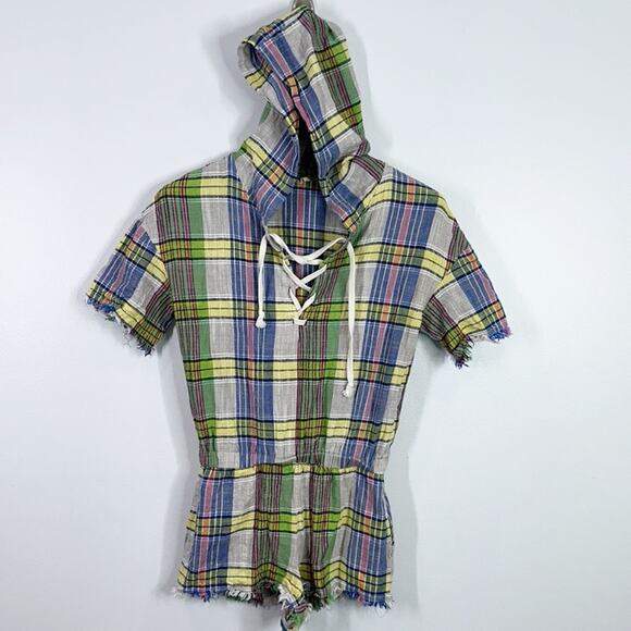 Urban outfitters linen blend plaid hooded romper size small - Picture 2 of 7